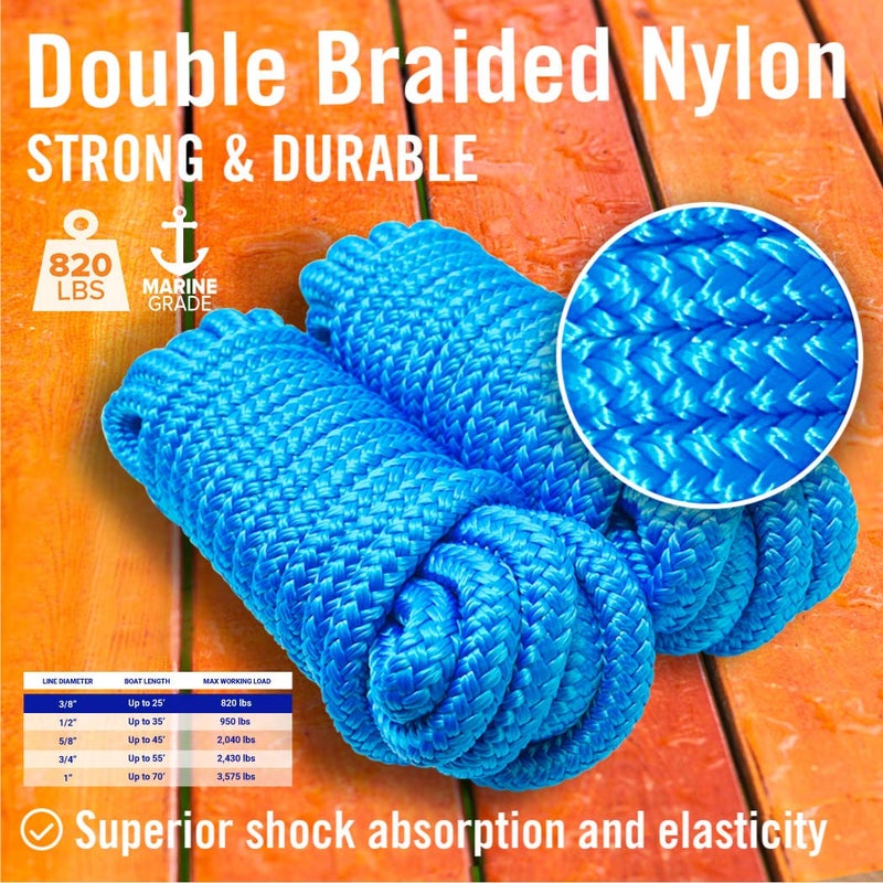 Better Boat Dock Lines Boat Ropes for Docking, 3/8" Double Braided Mooring Marine Rope, 15ft Nylon Rope with Loop, Blue, 2 Pack - Image 4